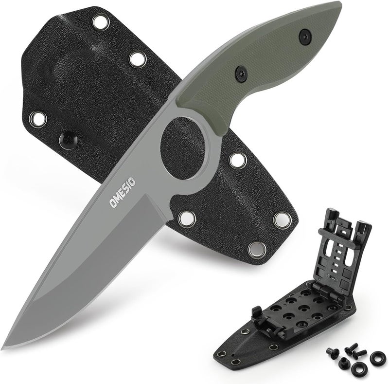 Omesio Fixed Blade Knife, 8.46" Full Tang EDC Horizontal Carry for Men, Green Anti-Slip G10 Handle Sharp 5Cr13MoV Steel Tactical Camping Knife with Kydex Sheath, Ideal for Gifting - Image 1
